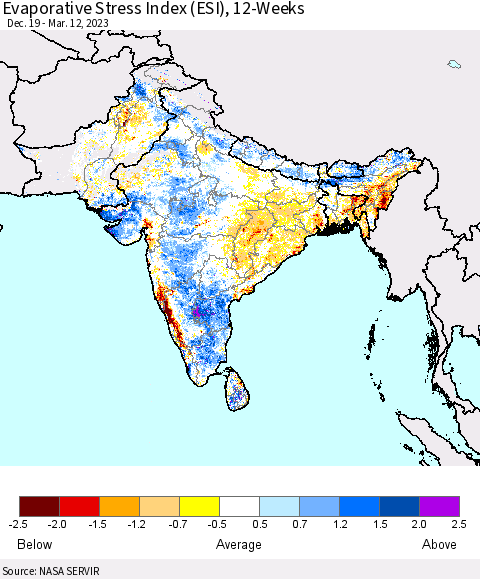 Southern Asia Evaporative Stress Index (ESI), 12-Weeks Thematic Map For 3/6/2023 - 3/12/2023