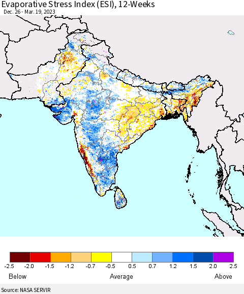 Southern Asia Evaporative Stress Index (ESI), 12-Weeks Thematic Map For 3/13/2023 - 3/19/2023
