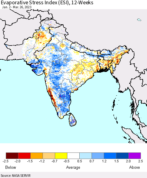 Southern Asia Evaporative Stress Index (ESI), 12-Weeks Thematic Map For 3/20/2023 - 3/26/2023