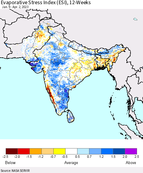 Southern Asia Evaporative Stress Index (ESI), 12-Weeks Thematic Map For 3/27/2023 - 4/2/2023