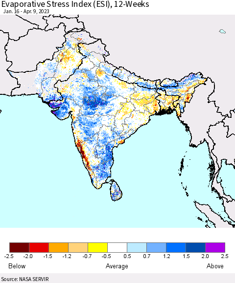 Southern Asia Evaporative Stress Index (ESI), 12-Weeks Thematic Map For 4/3/2023 - 4/9/2023