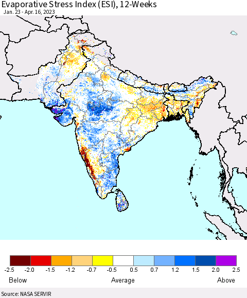 Southern Asia Evaporative Stress Index (ESI), 12-Weeks Thematic Map For 4/10/2023 - 4/16/2023