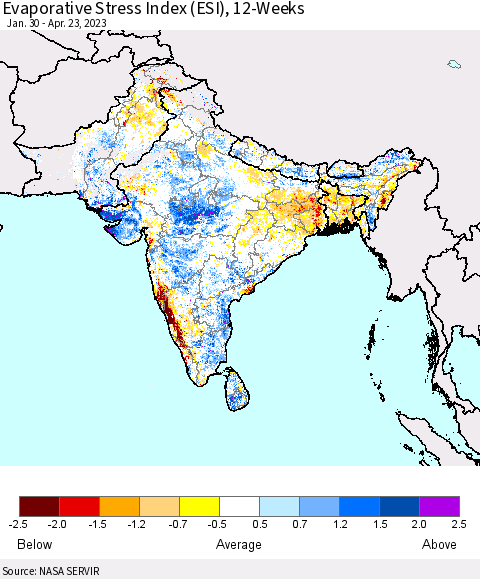 Southern Asia Evaporative Stress Index (ESI), 12-Weeks Thematic Map For 4/17/2023 - 4/23/2023