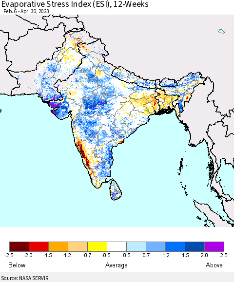 Southern Asia Evaporative Stress Index (ESI), 12-Weeks Thematic Map For 4/24/2023 - 4/30/2023