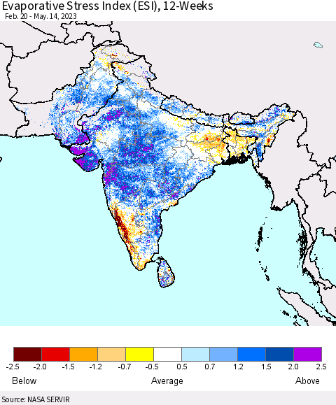 Southern Asia Evaporative Stress Index (ESI), 12-Weeks Thematic Map For 5/8/2023 - 5/14/2023