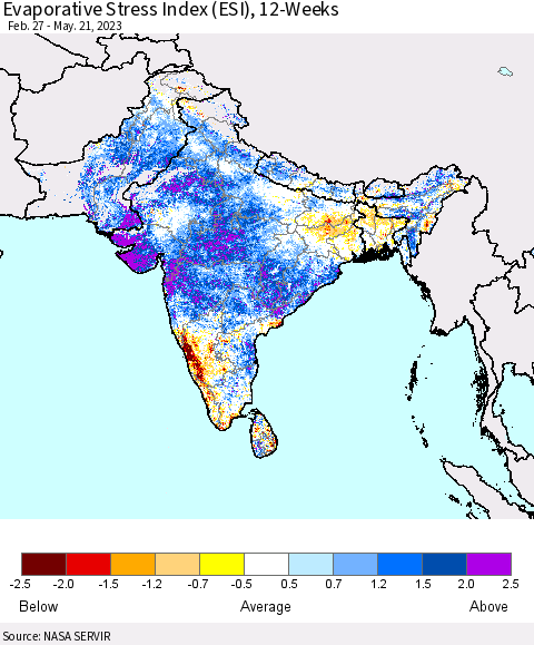 Southern Asia Evaporative Stress Index (ESI), 12-Weeks Thematic Map For 5/15/2023 - 5/21/2023