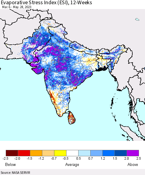 Southern Asia Evaporative Stress Index (ESI), 12-Weeks Thematic Map For 5/22/2023 - 5/28/2023