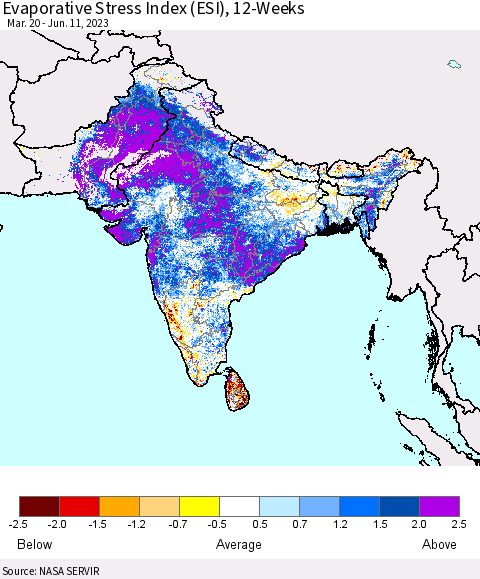 Southern Asia Evaporative Stress Index (ESI), 12-Weeks Thematic Map For 6/5/2023 - 6/11/2023
