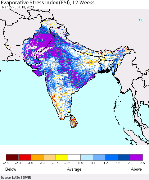 Southern Asia Evaporative Stress Index (ESI), 12-Weeks Thematic Map For 6/12/2023 - 6/18/2023