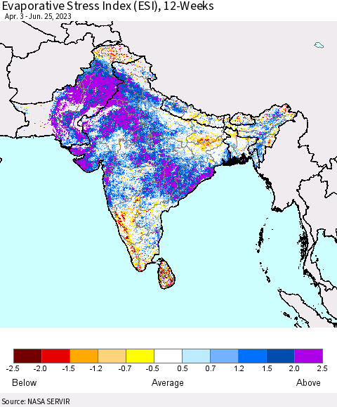 Southern Asia Evaporative Stress Index (ESI), 12-Weeks Thematic Map For 6/19/2023 - 6/25/2023