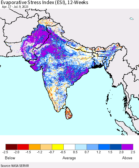 Southern Asia Evaporative Stress Index (ESI), 12-Weeks Thematic Map For 7/3/2023 - 7/9/2023