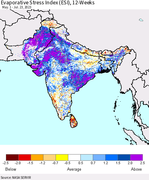 Southern Asia Evaporative Stress Index (ESI), 12-Weeks Thematic Map For 7/17/2023 - 7/23/2023