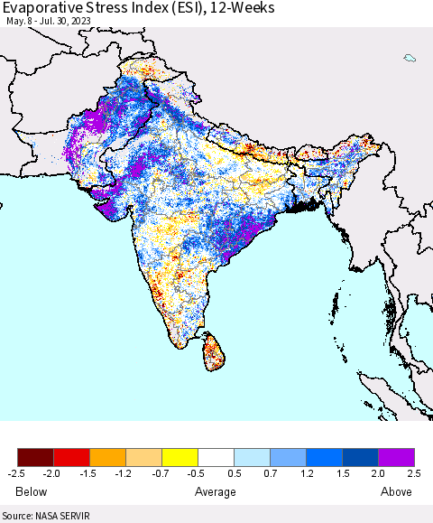 Southern Asia Evaporative Stress Index (ESI), 12-Weeks Thematic Map For 7/24/2023 - 7/30/2023