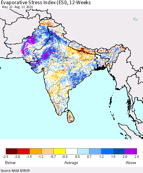 Southern Asia Evaporative Stress Index (ESI), 12-Weeks Thematic Map For 8/7/2023 - 8/13/2023