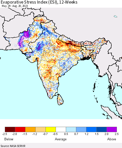 Southern Asia Evaporative Stress Index (ESI), 12-Weeks Thematic Map For 8/14/2023 - 8/20/2023