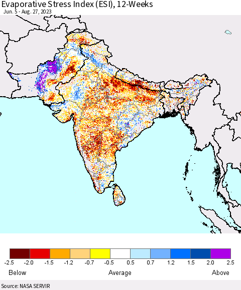 Southern Asia Evaporative Stress Index (ESI), 12-Weeks Thematic Map For 8/21/2023 - 8/27/2023