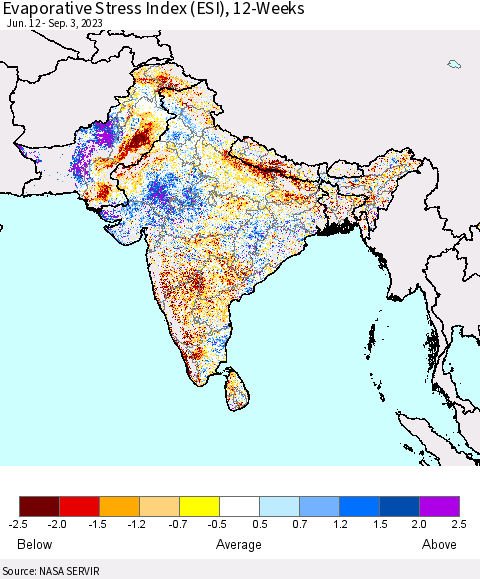 Southern Asia Evaporative Stress Index (ESI), 12-Weeks Thematic Map For 8/28/2023 - 9/3/2023