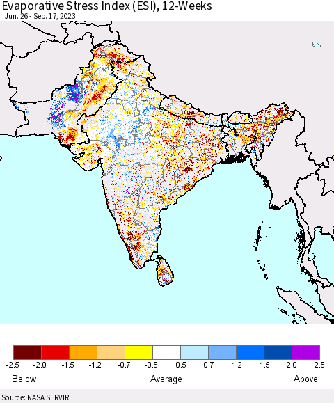 Southern Asia Evaporative Stress Index (ESI), 12-Weeks Thematic Map For 9/11/2023 - 9/17/2023