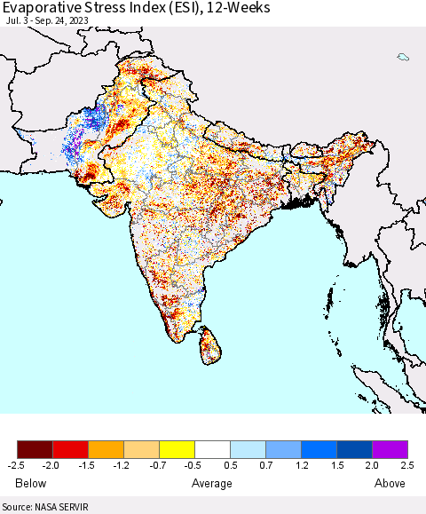 Southern Asia Evaporative Stress Index (ESI), 12-Weeks Thematic Map For 9/18/2023 - 9/24/2023