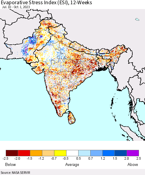 Southern Asia Evaporative Stress Index (ESI), 12-Weeks Thematic Map For 9/25/2023 - 10/1/2023