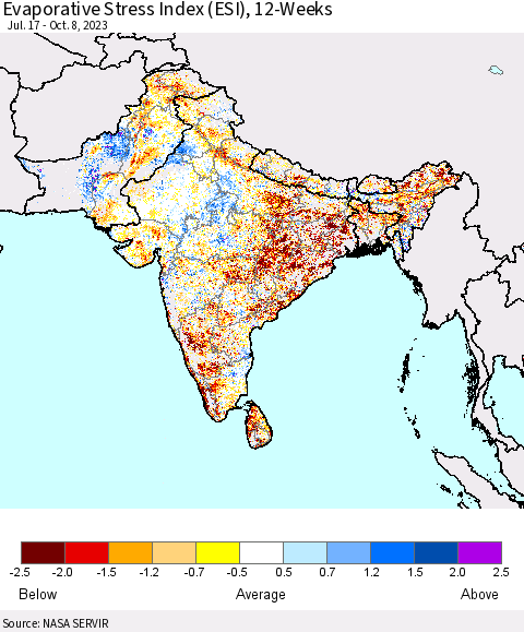 Southern Asia Evaporative Stress Index (ESI), 12-Weeks Thematic Map For 10/2/2023 - 10/8/2023
