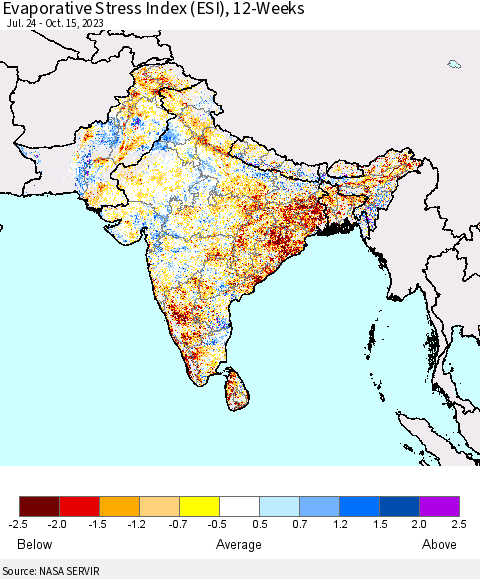 Southern Asia Evaporative Stress Index (ESI), 12-Weeks Thematic Map For 10/9/2023 - 10/15/2023