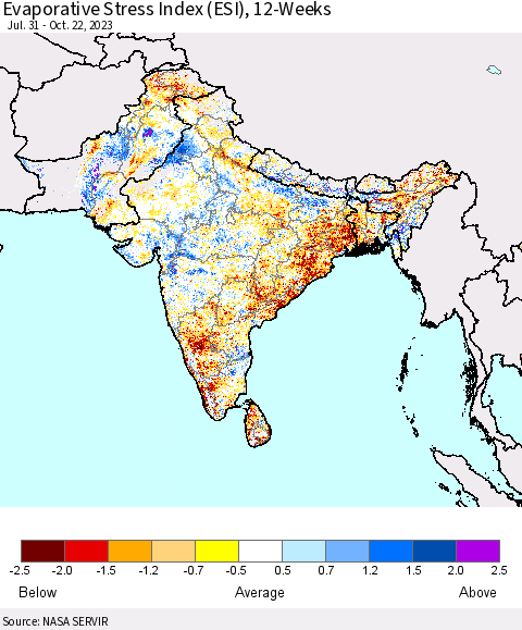 Southern Asia Evaporative Stress Index (ESI), 12-Weeks Thematic Map For 10/16/2023 - 10/22/2023