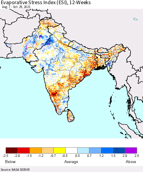 Southern Asia Evaporative Stress Index (ESI), 12-Weeks Thematic Map For 10/23/2023 - 10/29/2023