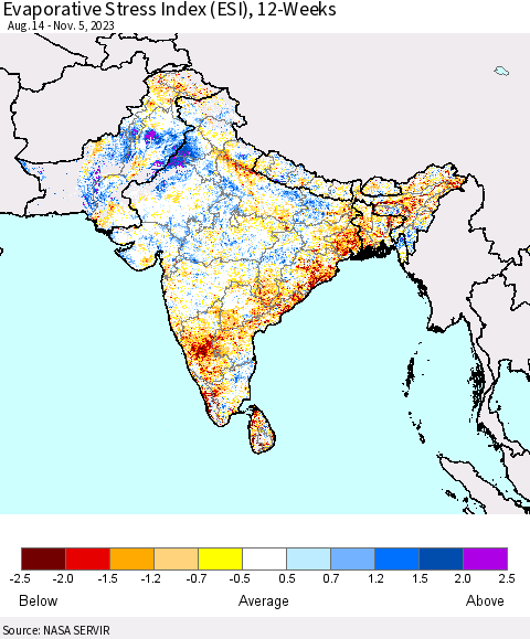 Southern Asia Evaporative Stress Index (ESI), 12-Weeks Thematic Map For 10/30/2023 - 11/5/2023