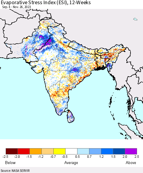 Southern Asia Evaporative Stress Index (ESI), 12-Weeks Thematic Map For 11/20/2023 - 11/26/2023