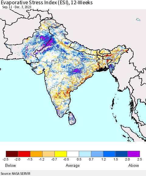 Southern Asia Evaporative Stress Index (ESI), 12-Weeks Thematic Map For 11/27/2023 - 12/3/2023