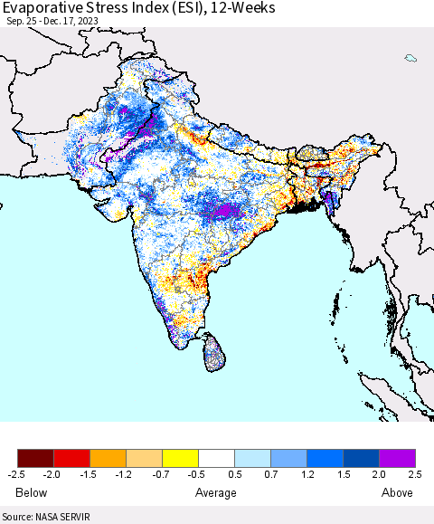 Southern Asia Evaporative Stress Index (ESI), 12-Weeks Thematic Map For 12/11/2023 - 12/17/2023
