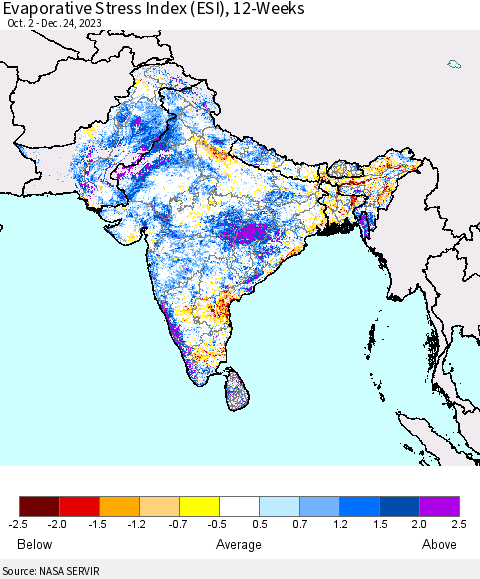 Southern Asia Evaporative Stress Index (ESI), 12-Weeks Thematic Map For 12/18/2023 - 12/24/2023