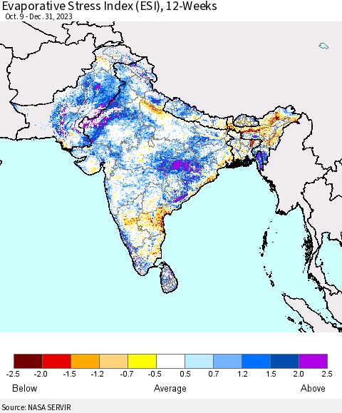 Southern Asia Evaporative Stress Index (ESI), 12-Weeks Thematic Map For 12/25/2023 - 12/31/2023