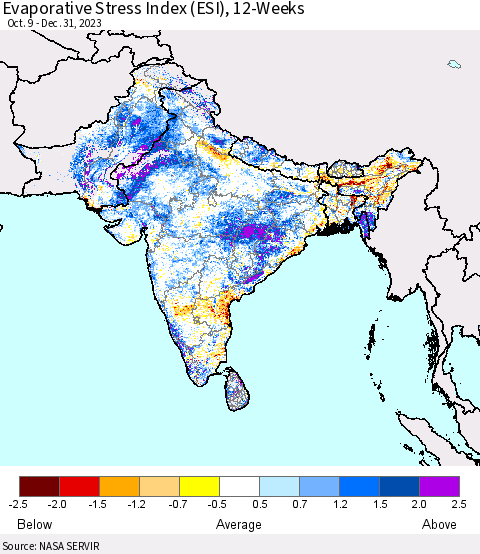 Southern Asia Evaporative Stress Index (ESI), 12-Weeks Thematic Map For 1/1/2024 - 1/7/2024