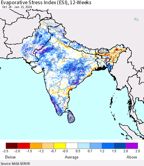 Southern Asia Evaporative Stress Index (ESI), 12-Weeks Thematic Map For 1/15/2024 - 1/21/2024