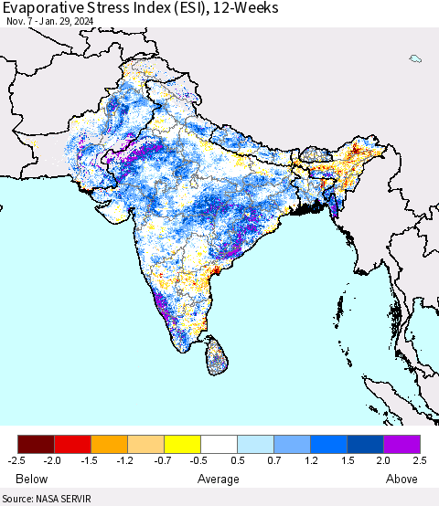 Southern Asia Evaporative Stress Index (ESI), 12-Weeks Thematic Map For 1/29/2024 - 2/4/2024