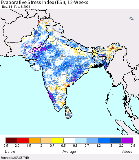 Southern Asia Evaporative Stress Index (ESI), 12-Weeks Thematic Map For 2/5/2024 - 2/11/2024
