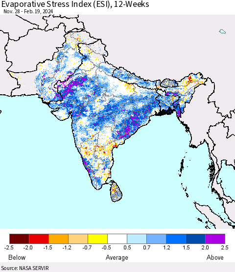 Southern Asia Evaporative Stress Index (ESI), 12-Weeks Thematic Map For 2/19/2024 - 2/25/2024