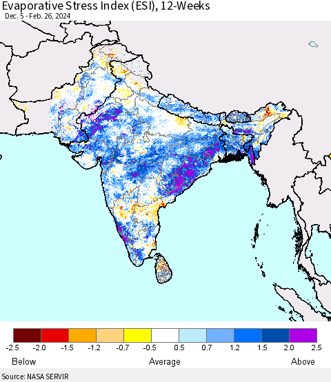 Southern Asia Evaporative Stress Index (ESI), 12-Weeks Thematic Map For 2/26/2024 - 3/3/2024
