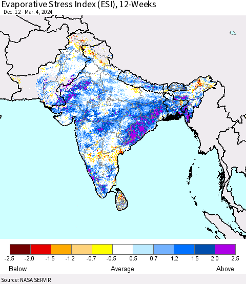 Southern Asia Evaporative Stress Index (ESI), 12-Weeks Thematic Map For 3/4/2024 - 3/10/2024