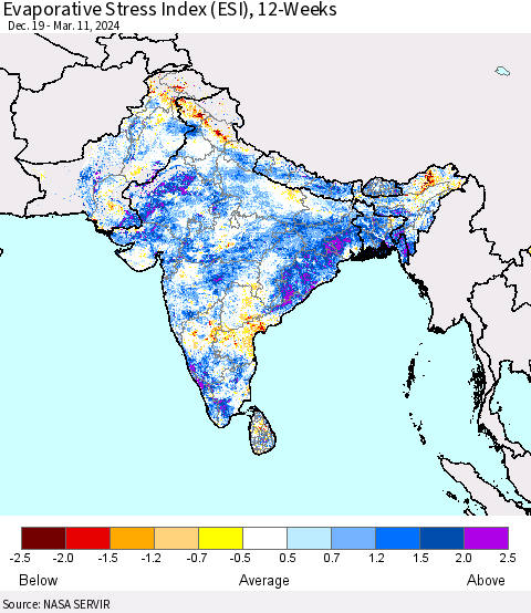 Southern Asia Evaporative Stress Index (ESI), 12-Weeks Thematic Map For 3/11/2024 - 3/17/2024