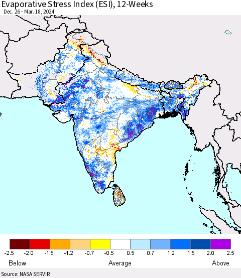 Southern Asia Evaporative Stress Index (ESI), 12-Weeks Thematic Map For 3/18/2024 - 3/24/2024