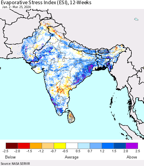 Southern Asia Evaporative Stress Index (ESI), 12-Weeks Thematic Map For 3/25/2024 - 3/31/2024