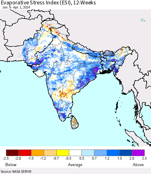 Southern Asia Evaporative Stress Index (ESI), 12-Weeks Thematic Map For 4/1/2024 - 4/7/2024