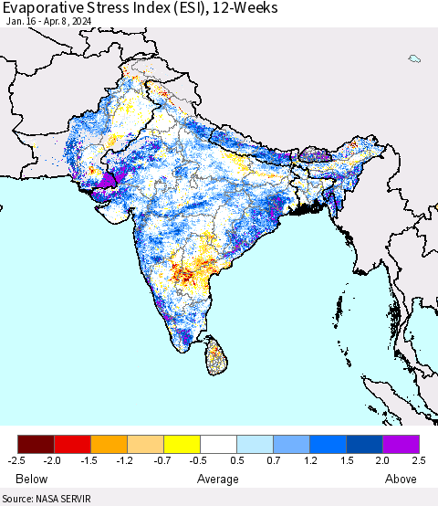 Southern Asia Evaporative Stress Index (ESI), 12-Weeks Thematic Map For 4/8/2024 - 4/14/2024