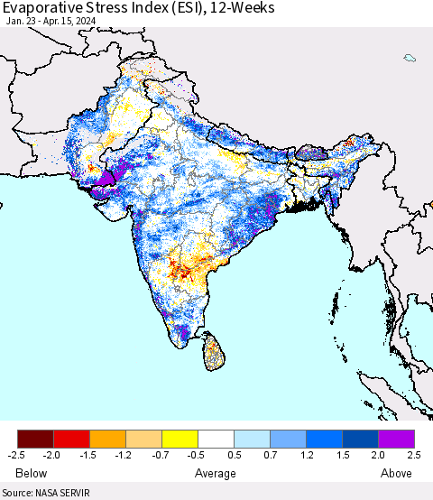 Southern Asia Evaporative Stress Index (ESI), 12-Weeks Thematic Map For 4/15/2024 - 4/21/2024