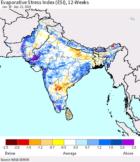 Southern Asia Evaporative Stress Index (ESI), 12-Weeks Thematic Map For 4/22/2024 - 4/28/2024