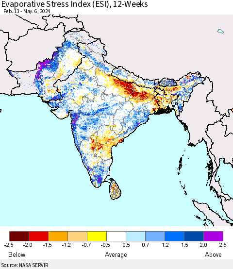 Southern Asia Evaporative Stress Index (ESI), 12-Weeks Thematic Map For 5/6/2024 - 5/12/2024