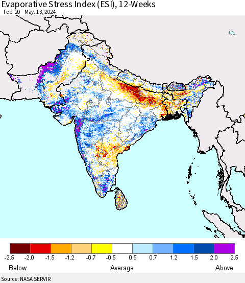 Southern Asia Evaporative Stress Index (ESI), 12-Weeks Thematic Map For 5/13/2024 - 5/19/2024